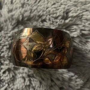 Floral Engraved Metal Cuff Bracelet in Mixed Metallic Tones